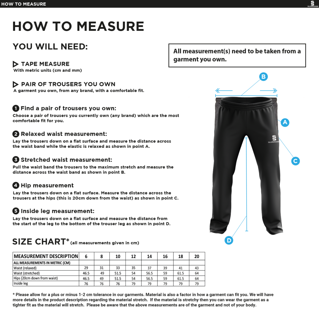 Bury Squash - Women's Ripstop Track Pant - Size Guide