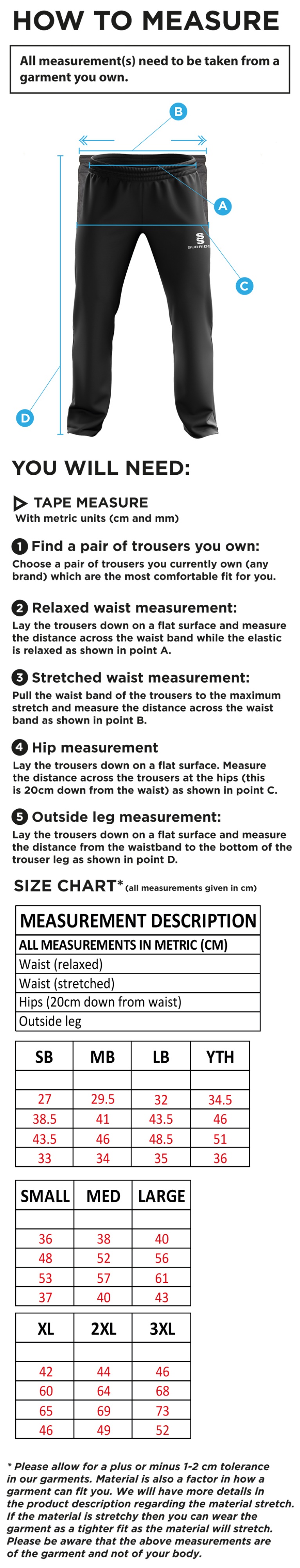 Bury Squash - Rip Stop Track Pant - Size Guide