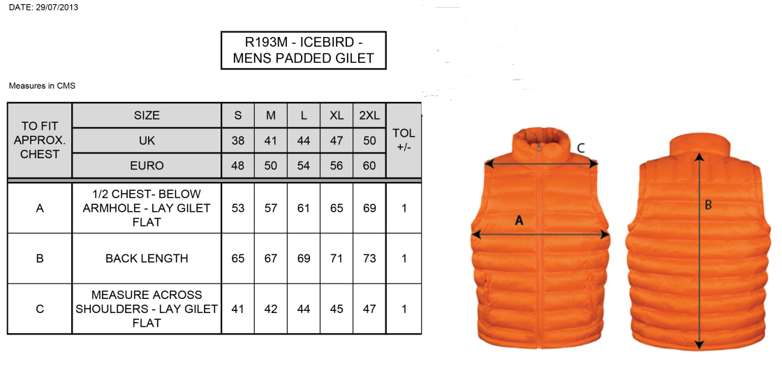 Bury Squash - Padded Gilet - Size Guide
