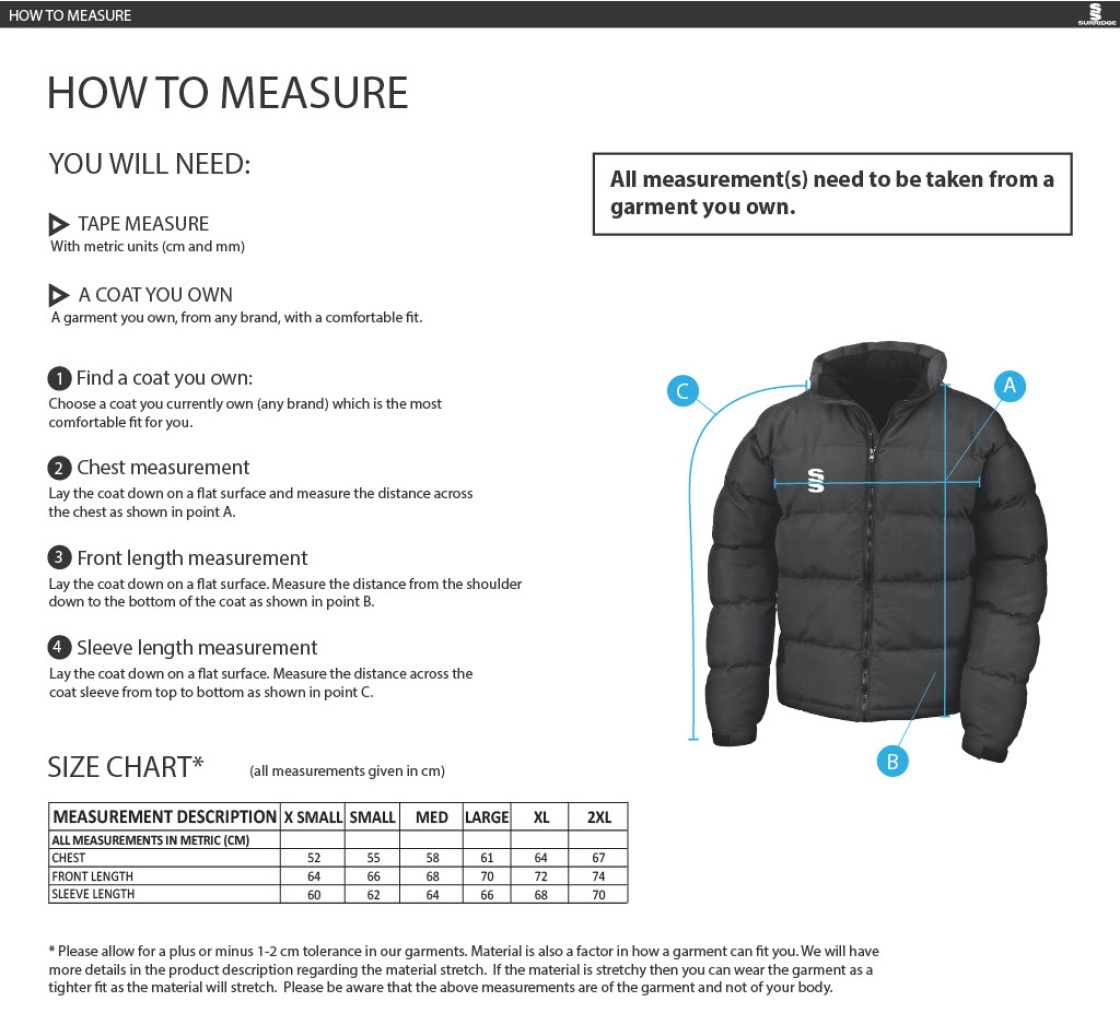 Bury Squash - Women's Holkham Down Feel Jacket - Size Guide