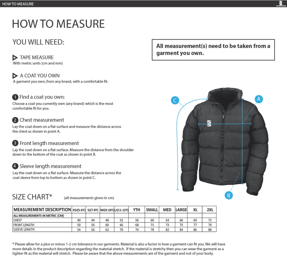 Bury Squash - Holkham Down Feel Jacket - Size Guide