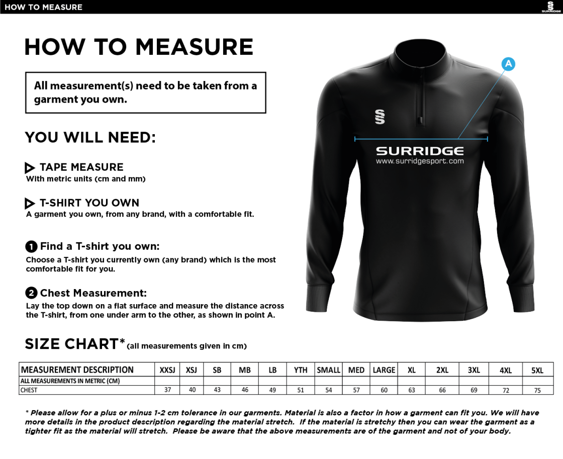 Bury Squash - 1/4 Zip Dual Performance Top - Size Guide