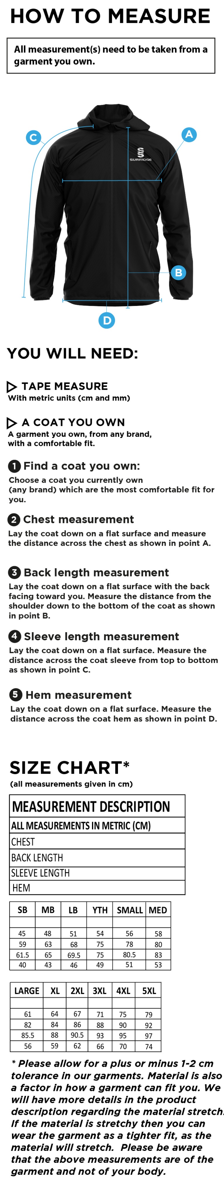 Bury Squash - Dual Full Zip Training Jacket - Size Guide