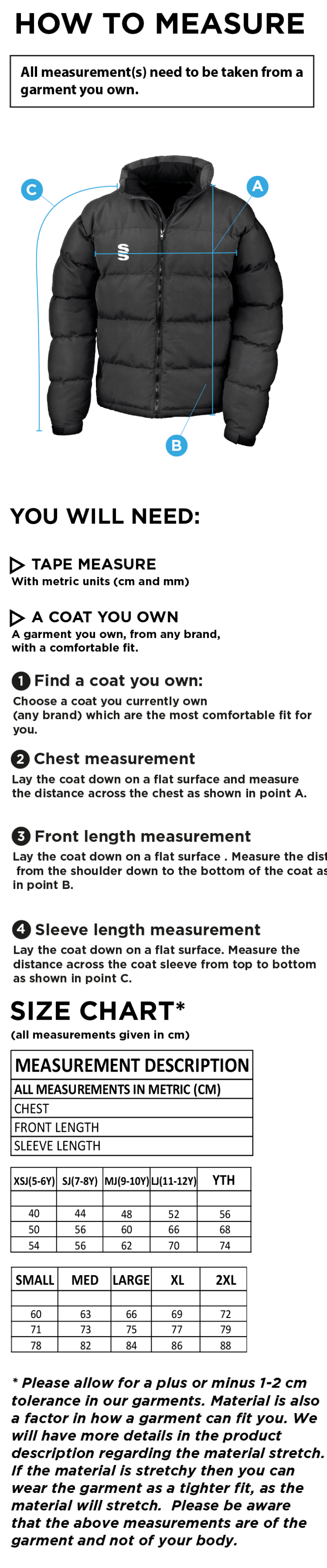 Bury Squash - Holkham Down Feel Jacket - Size Guide