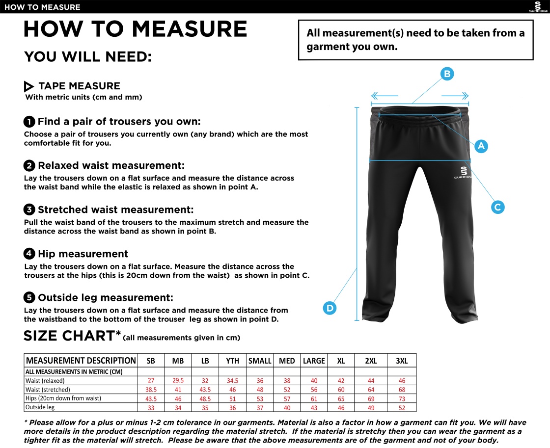 Bury Squash - Rip Stop Track Pant - Size Guide