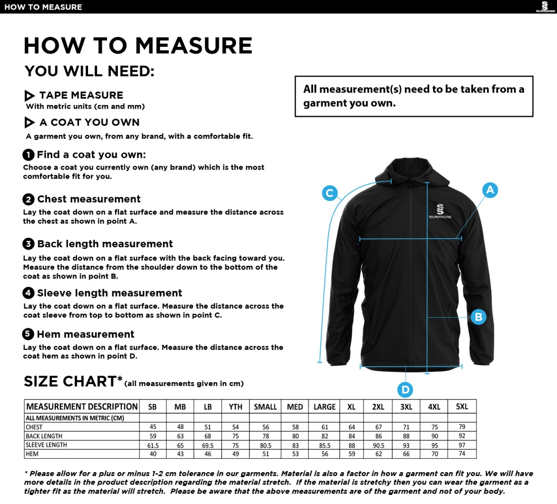 Bury Squash - Dual Full Zip Training Jacket - Size Guide