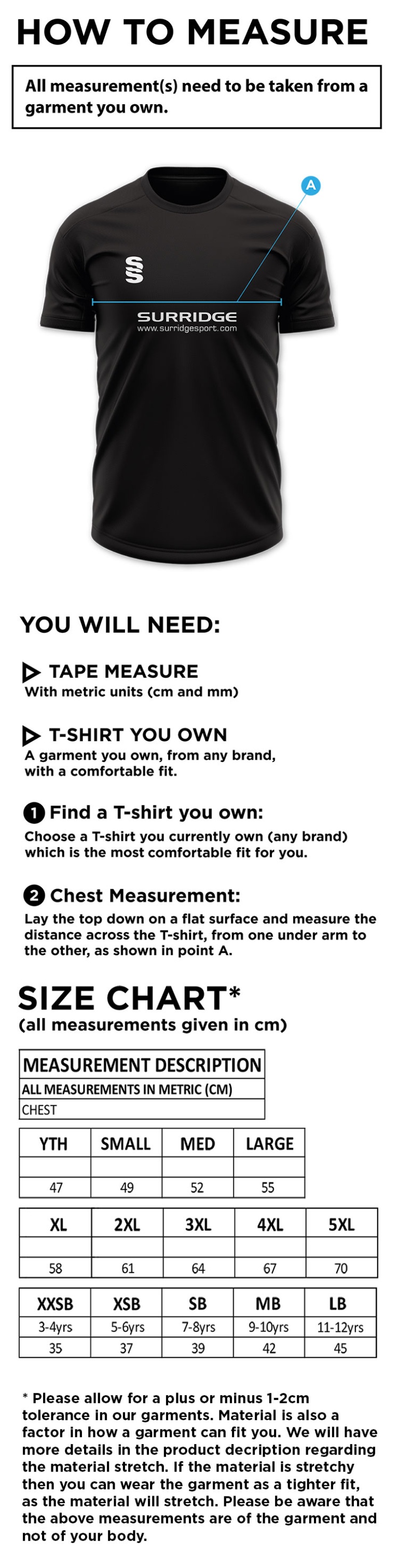 Bury Squash - Dual Gym T-shirt - Size Guide