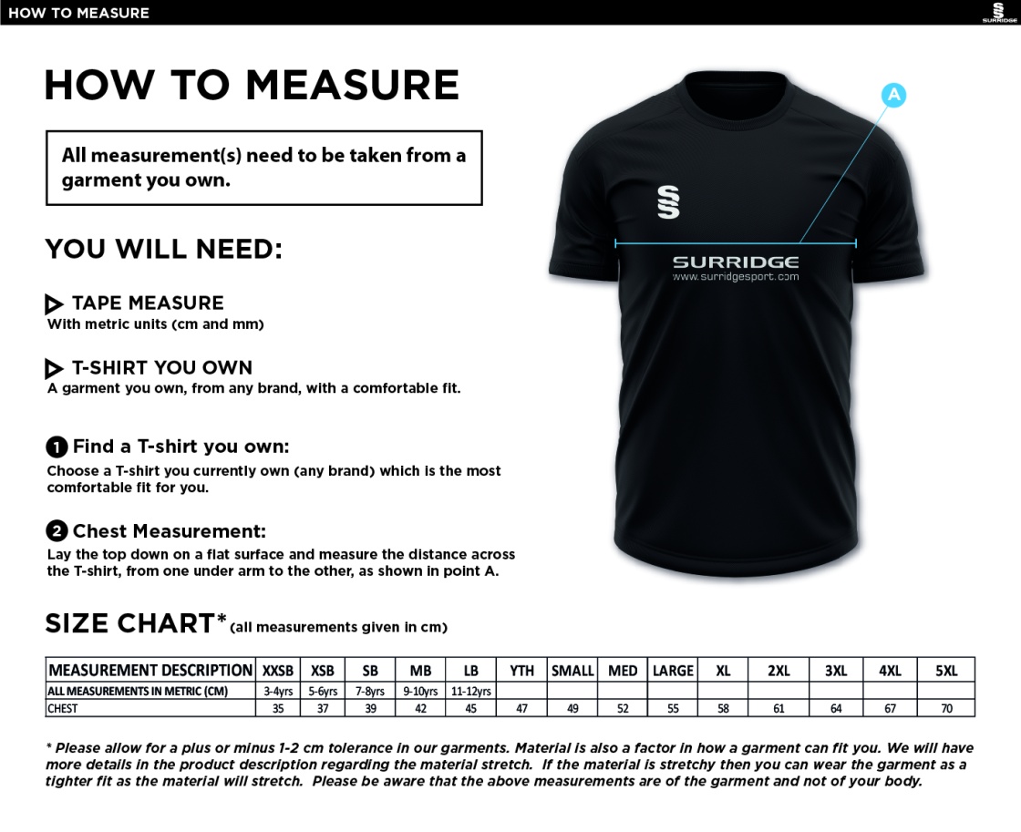 Bury Squash - Dual Gym T-shirt - Size Guide