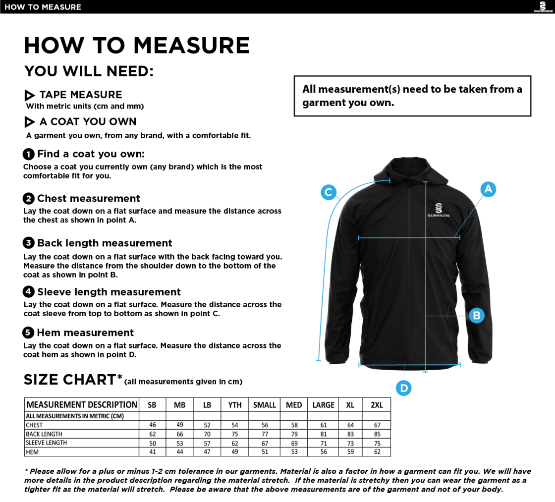 Bury Squash - Dual Full Zip Training Jacket - Size Guide