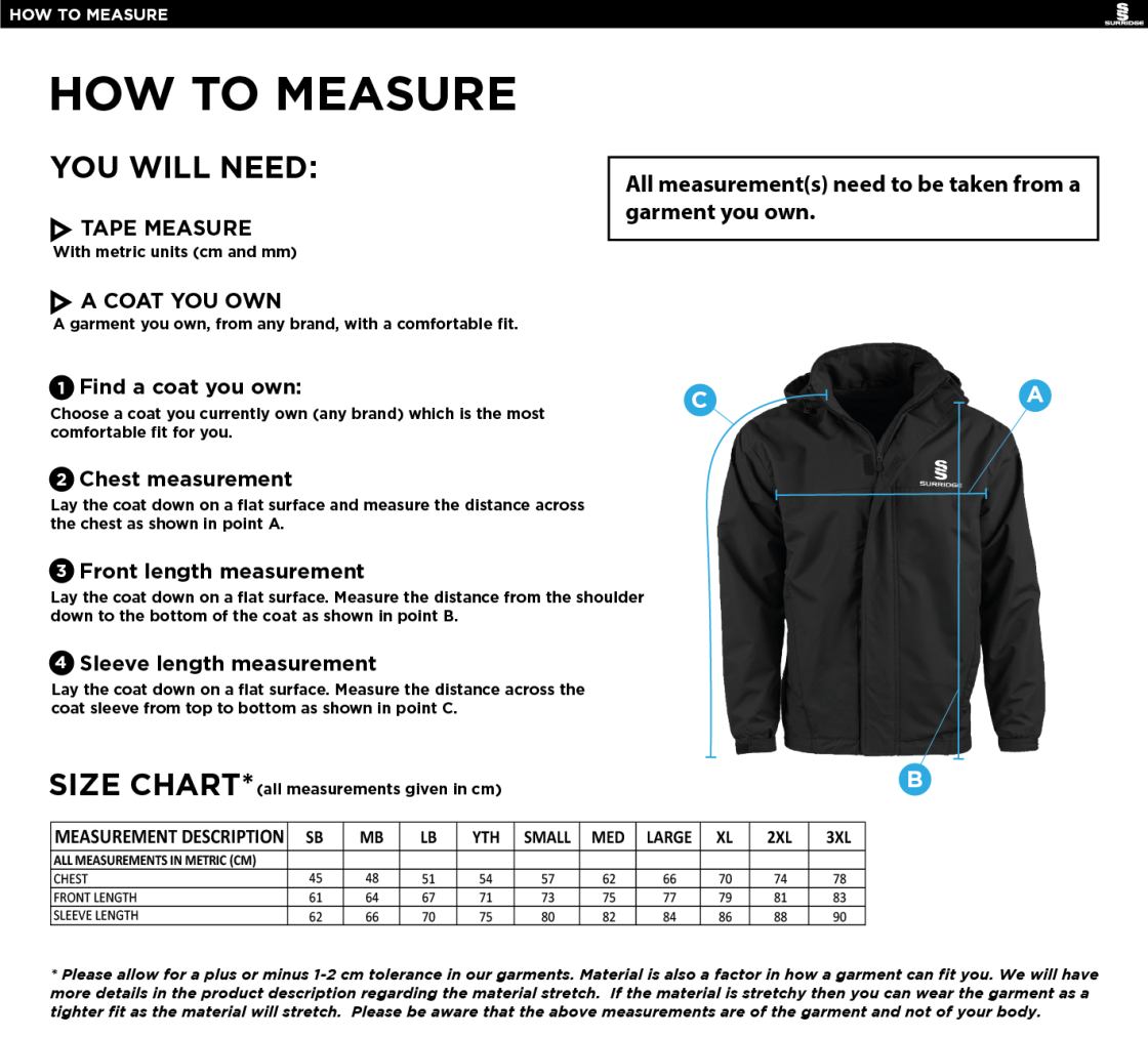 Bury Squash - Dual Fleece Lined Jacket - Size Guide