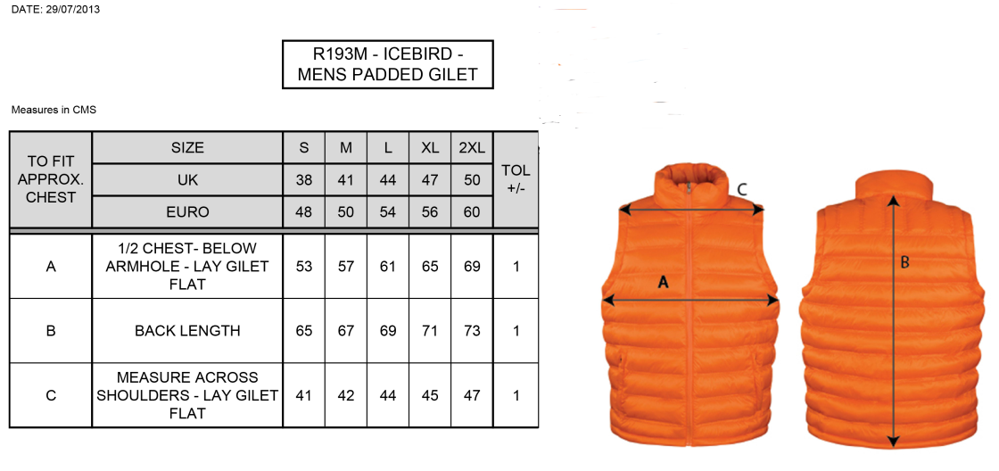 Bury Squash - Padded Gilet - Size Guide